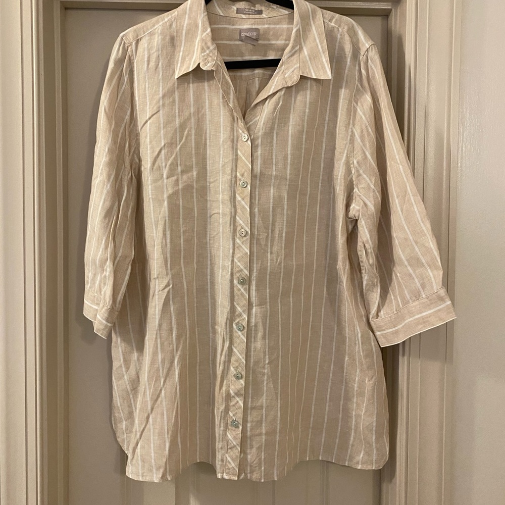 Chico's size 4 100% Linen Beige and White Striped Shirt with 3/4 Length Sleeves